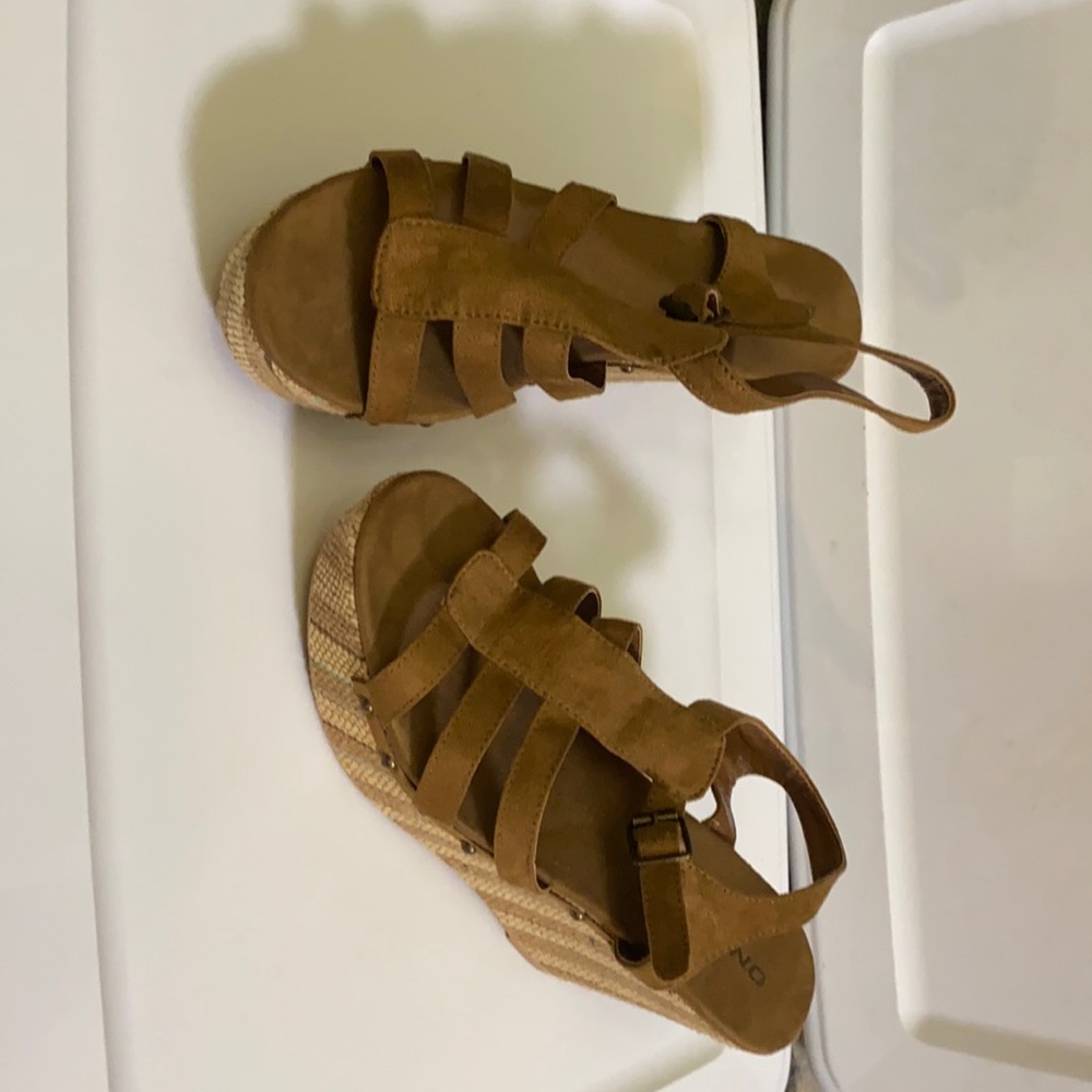 Never worn brown suede/woven wedges